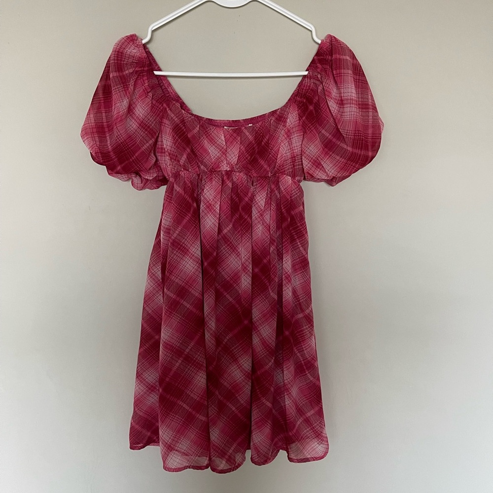 Live To Be Spoiled Juniors Red Plaid Puff Sleeve Babydoll Dress